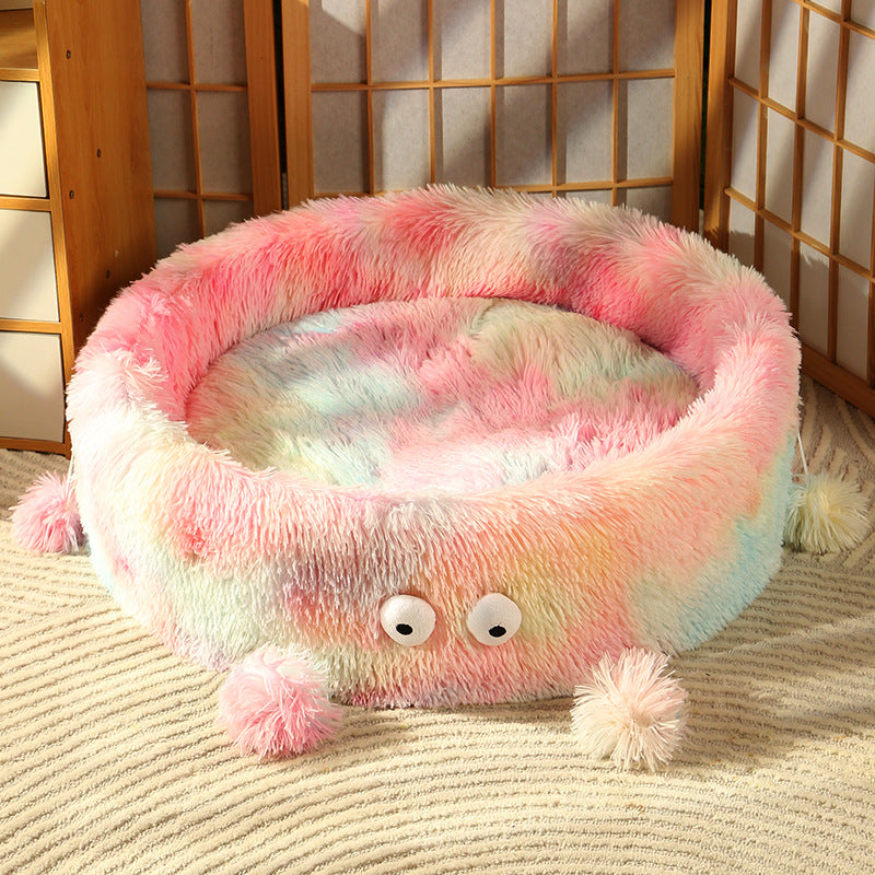 Cute Monster Plush Pet Bed With Warm Round Nest